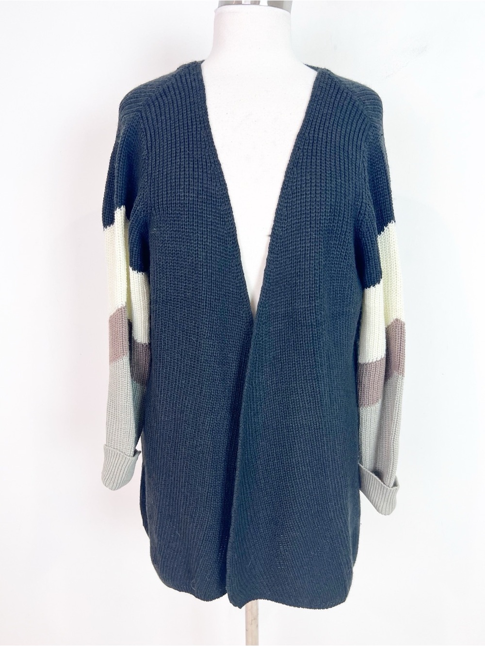 QUAGGA GREEN LABEL BLACK OFF-WHITE BROWN OPEN FRONT CARDIGAN SWEATER SZ LARGE